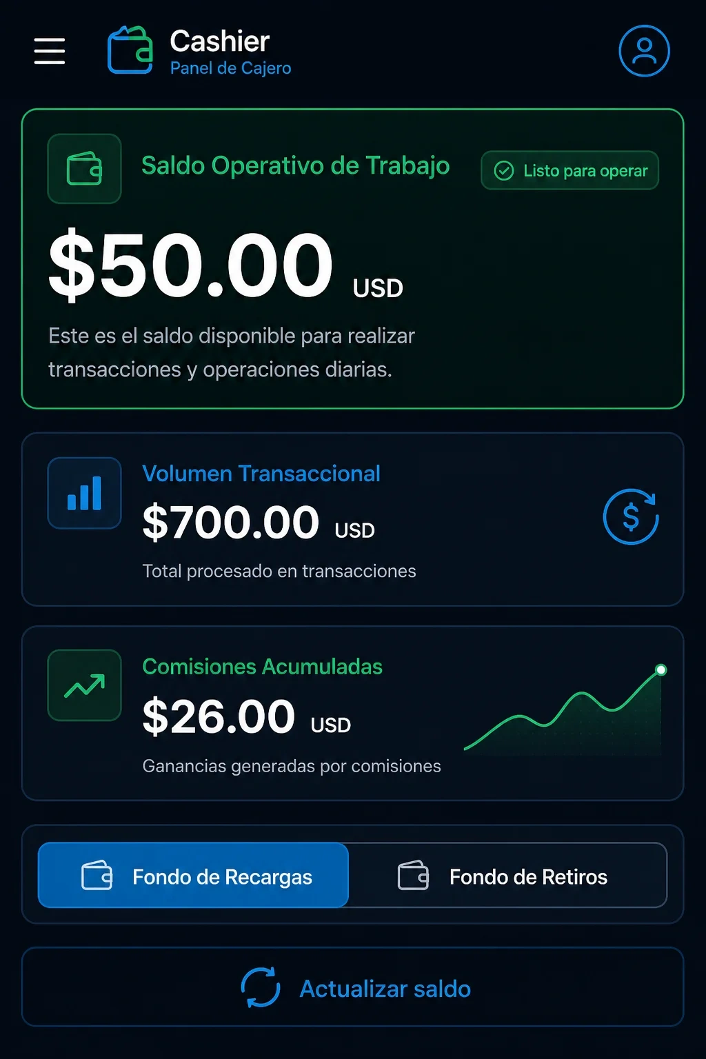 Captura de pantalla del dashboard de balance